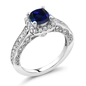 6MM Cushion Gemstone Birthstone and Accent Created Sapphire Engagement Ring | 925 Sterling Silver | Wedding Anniversary Promise Ring For Women | Available In Size 5, 6, 7, 8, 9