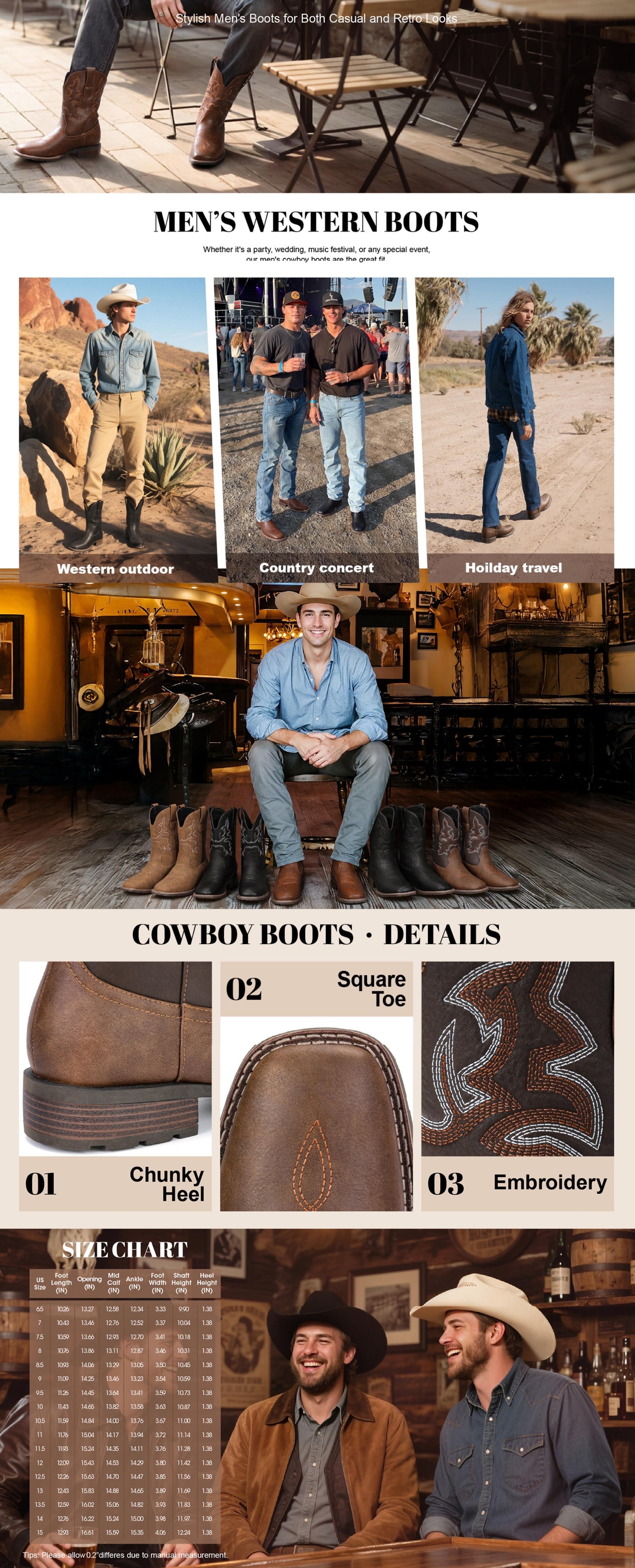 【PlusSize】Eleet Cowboy Boots for Men - Men's Western Boots With Embroidered, Slip Resistant Square Toe Chunky Heel Ankle Boots, Durable and Fashionable Retro Classic Short Botas Walking Shoes, Comfort Closed Footwear