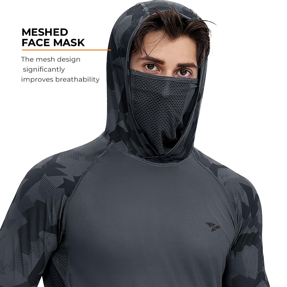 【RODEEL】915 Sun Hoodie Shirts w/ Mask Neck Gaiter Men UPF 50+ UV Protection Long Sleeve Lightweight Quick Dry Moisture Wicking Breathable Cooling Athletic Activewear for Outdoor Fishing Boating Hiking Cycling Construction Roofing Gardening Tree Service