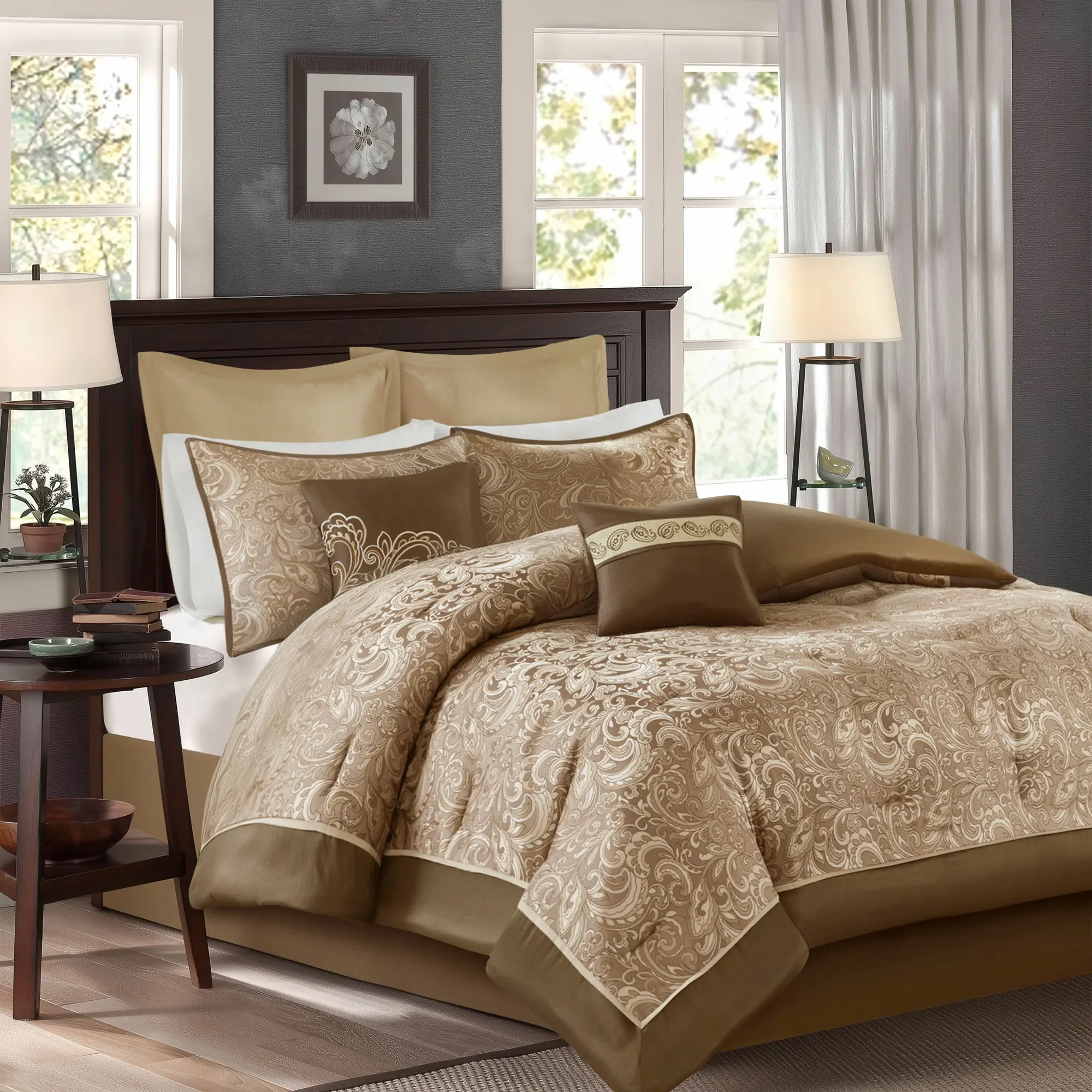 7-Piece Hypoallergenic Polyester Fill Transitional Queen Comforter Set, Bedroom Bedding Sets