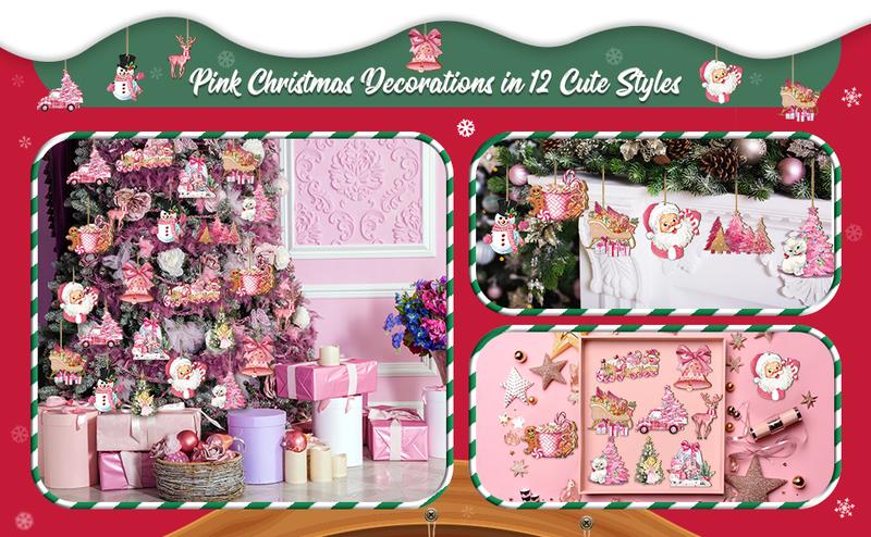 Christmas Clearance Sale 36 Pcs Christmas Ornaments Set Cute Pink Christmas Santa Claus Snowman Design Wooden Hanging Ornaments Christmas Decorations for Xmas Tree Holiday Party Home Decor Winter Crafts Supplies Christmas Gift Pink Girly Aesthetic