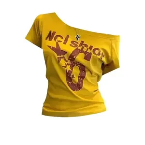 Y2k Sport Summer Off shoulder Top Women Sexy Vintage 2000s Short slve T shirt  Lady Body Basic Crop Top Female Casual