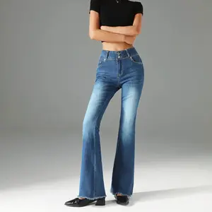 2026 Trendy Women's High-Waisted Double-Button Flare Jeans - Ultra Soft Stretchy Retro Blue Denim, Raw Hem Cuffs, Comfortable & Flattering Must-Have Wardrobe Essential