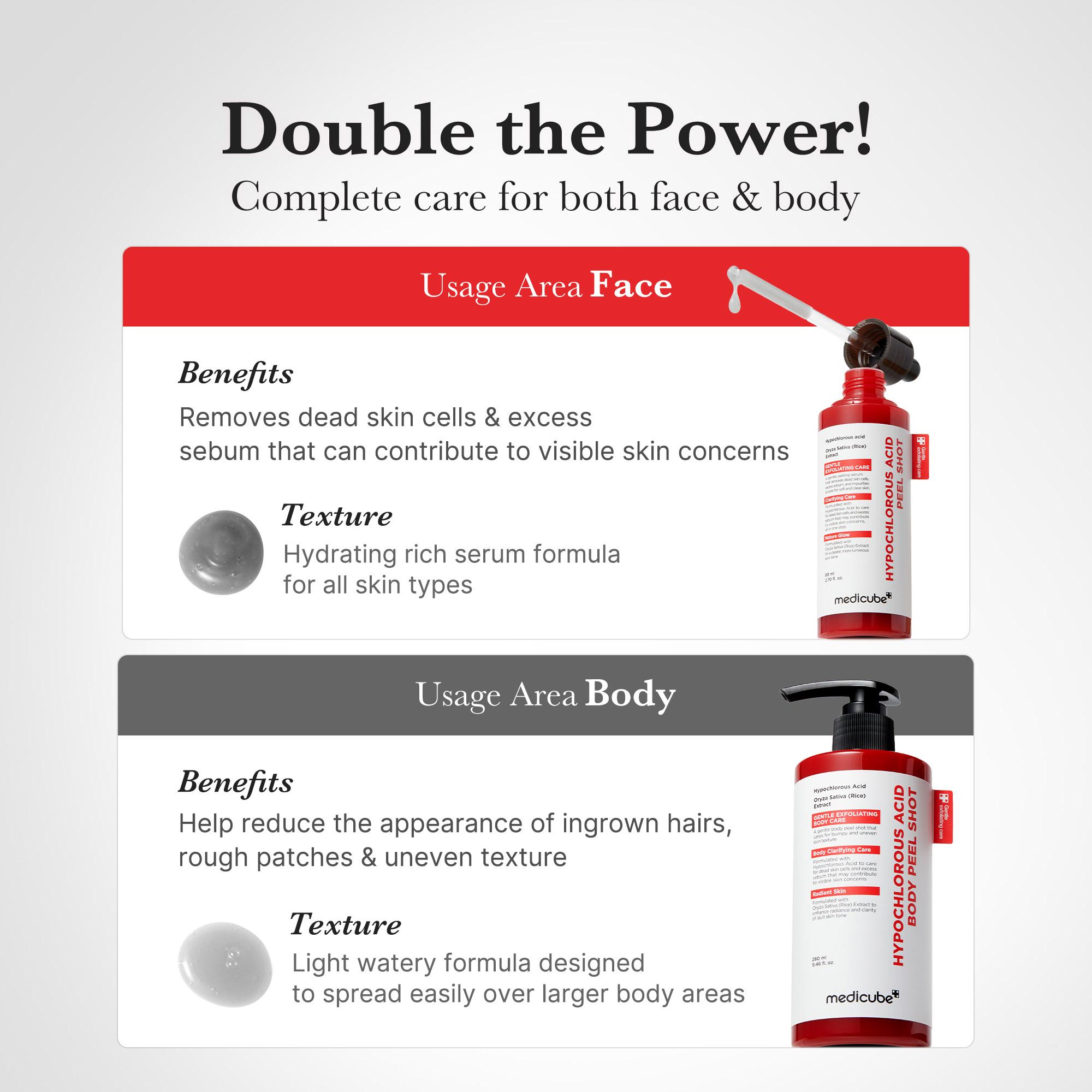 [medicube] Hypochlorous Acid Rice Peel Shot Duo For Face & Body | Gentle Exfoliating Serum for Dead Skin Cells & Pore Care, Blackheads & Excess Sebum Control | Rice Extract, Hypochlorous, Panthenol for Hydrating & Smoothing Care