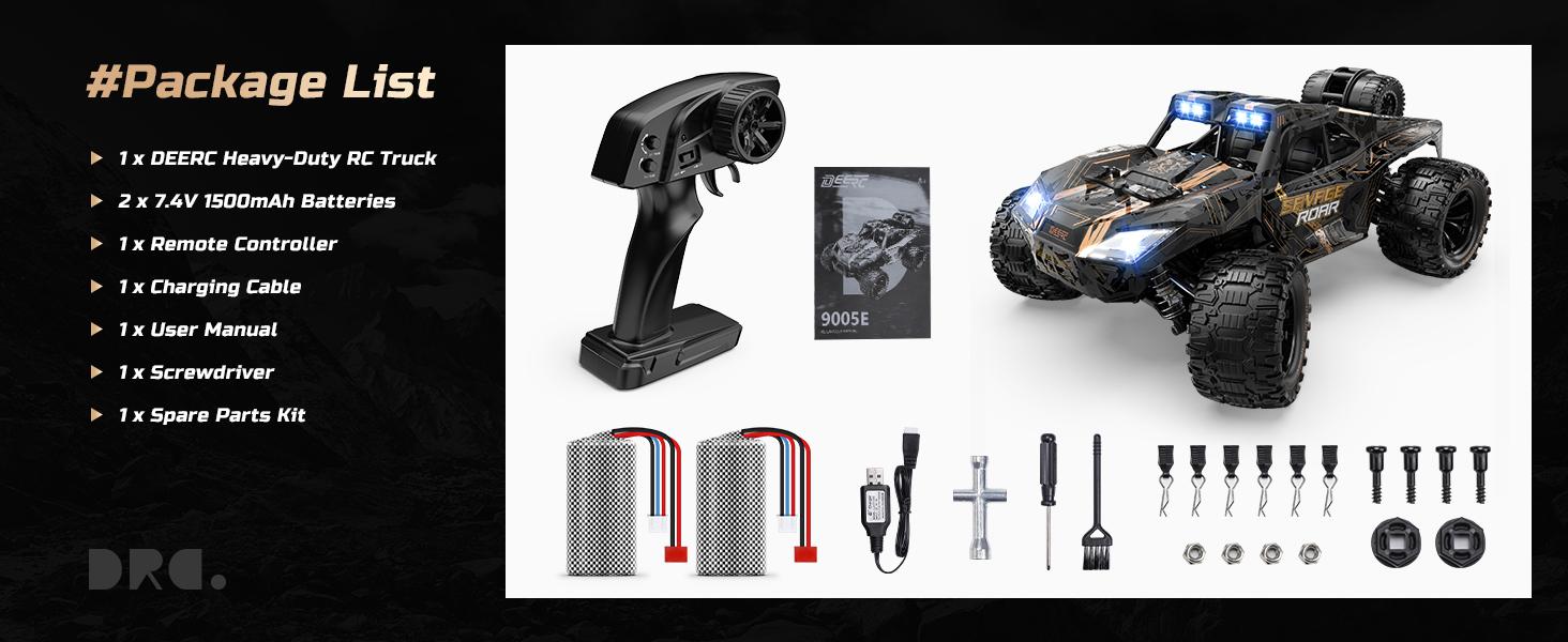 DEERC 1:14 Crawler RC Car, 48Kph High Speed RC Truck with LED Headlight, Offroad 4x4 2.4Ghz Remote Control Car, 2 Batteries, 40 Mins Running Time