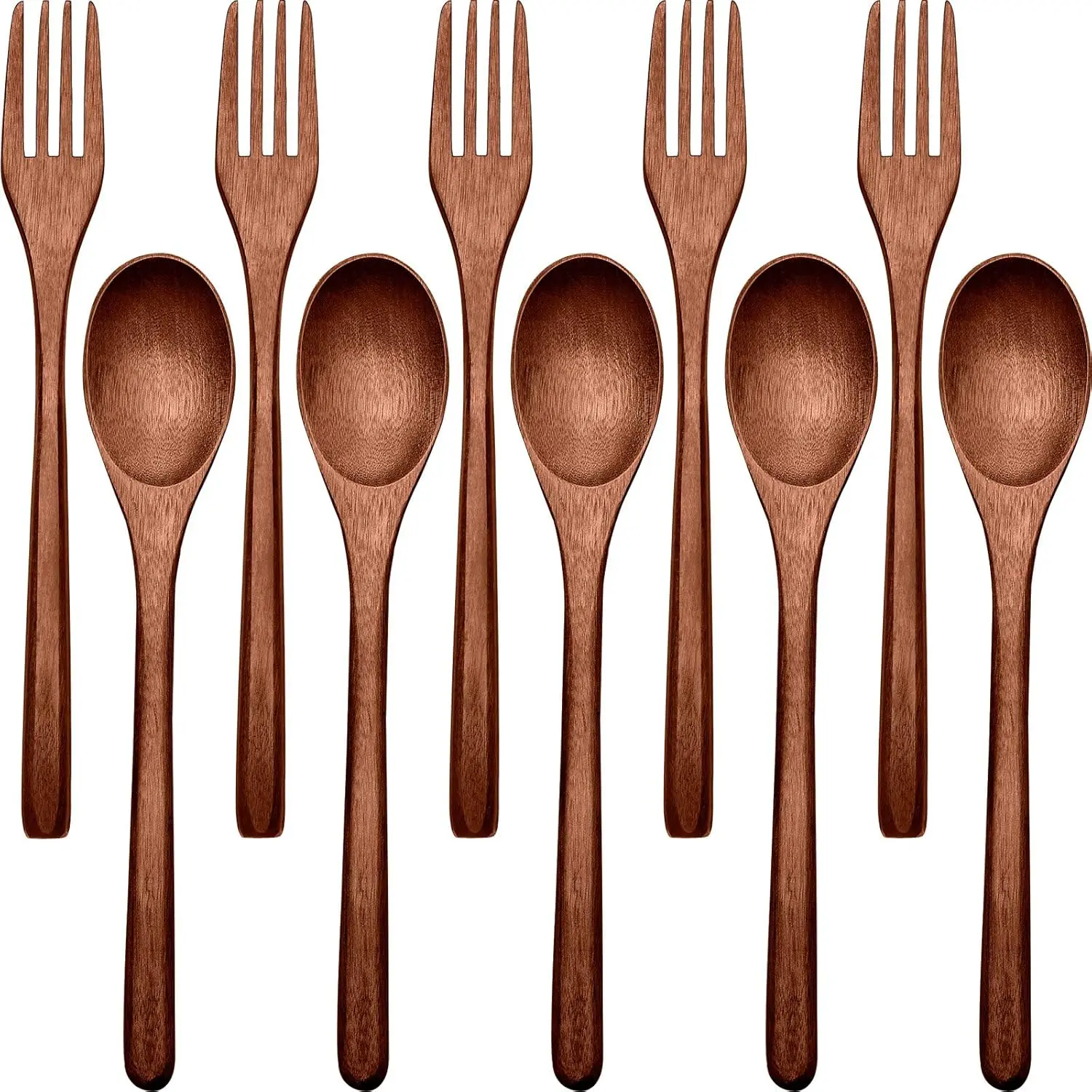 Japanese Style Wooden Cutlery Set, 10-Piece Solid Wood Spoons and Forks with Long Handles, Portable Non-Toxic Dinnerware for Travel & Camping