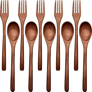10 pcs Wooden Spoons Forks Set Kitchen Wood Dinner Flatware Reusable Flatware Tableware Includes Spoon Fork for Cooking Eating Kitchen