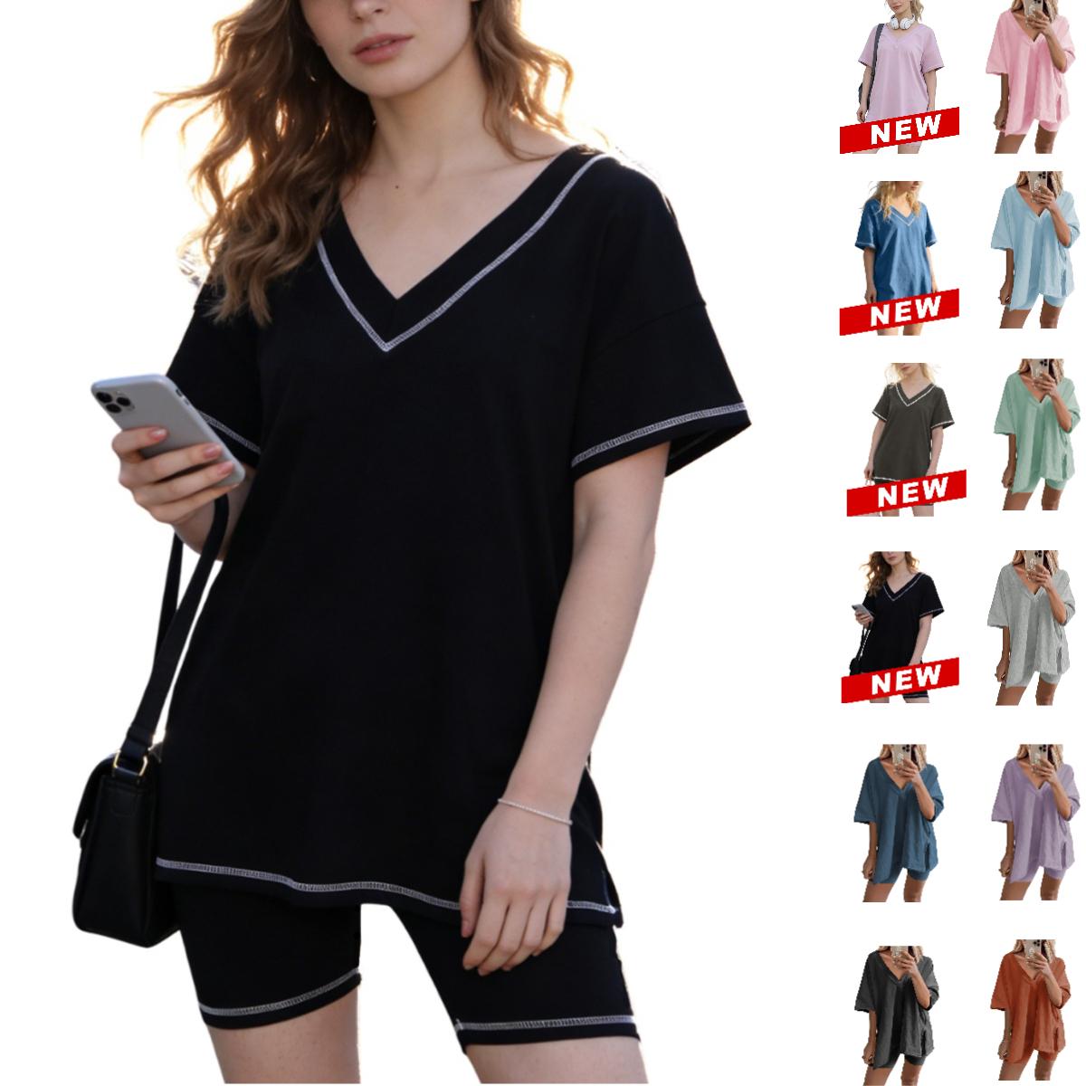 Tanming Women's Oversized 2 Piece Workout Hot Shot Set - Reversible V Neck Tee & Biker Shorts - Casual Streetwear for Yo