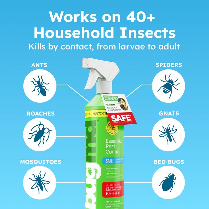 BugMD Plant-Powered Pest Control Bundle – Starter Kit, 4x Concentrates + Blaster, 30 oz Refill – Ant, Roach, Flea, Spider & Insect Killer for Home – Natural Essential Oil Formula