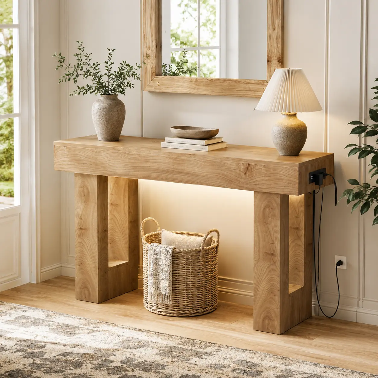 47'' Farmhouse Console Table with Power Outlets and Motion Sensor Light, Wooden Entryway Table Sofa Table for Entrance, Hallway, Living Room,dorm essentials,home decor