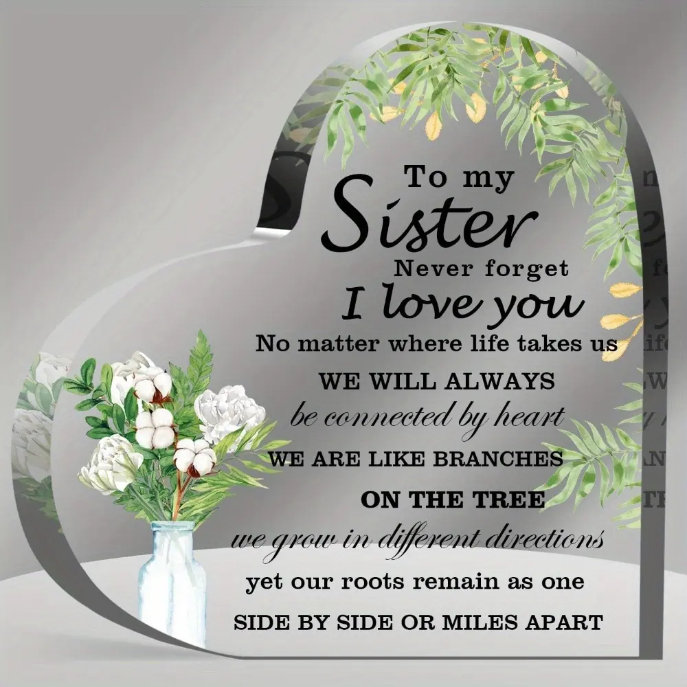 Heart-Shaped Acrylic Desktop Plaque - Paperweight, "We Never Walk Alone" Sister Keepsake, Inspirational Indoor Love Home Decor for Women, Valentine’s/Birthday Perfect Gift, Artistic Collectible Accessory, Artistic Home Accessory