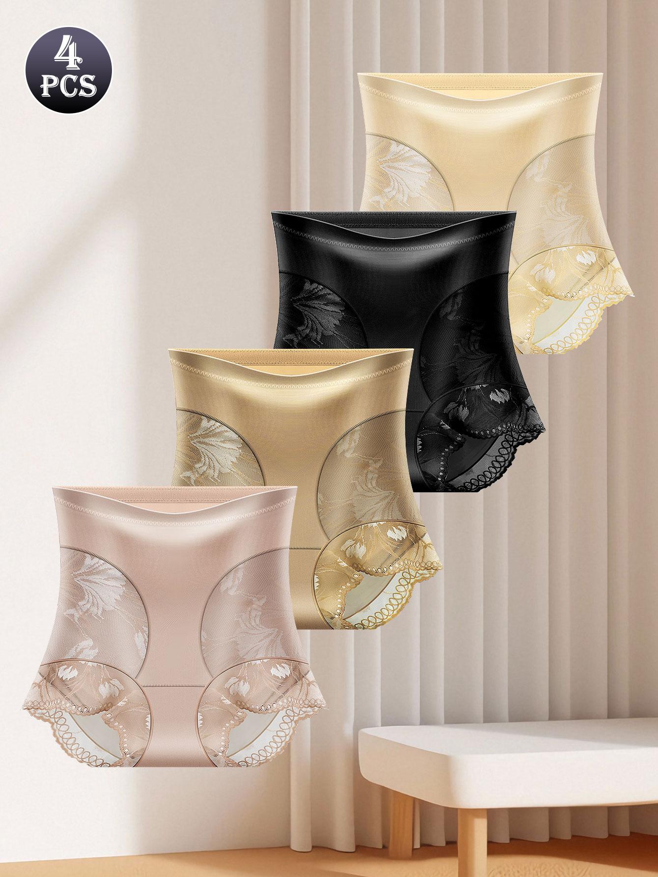 QUASTI 4PCS High-Waisted Glossy Fabric Lace Patchwork Women's Underwear, Soft Seamless Breathable Panties, Elegant Sexy Tummy Control Briefs, S-XXL SpringStatements