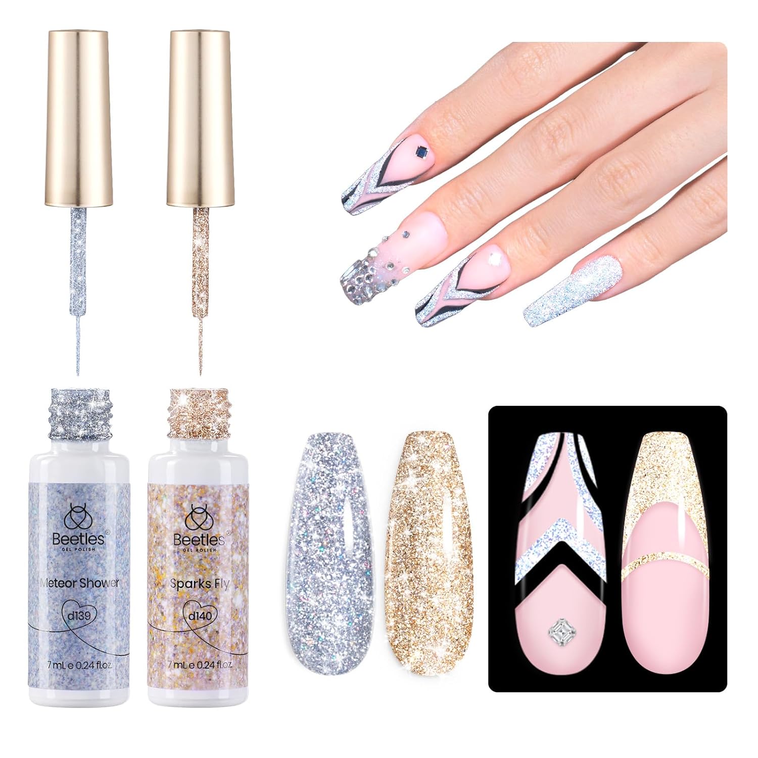 Beetles Gel Polish Nail Art Gel Liner Nail Polish Set, 2 Pcs Silver & Golden Pink Holo Reflective Glitter Gel Polish, Gel Art Paint for Swirl Shiny Nails Nail Art Brush French Gift Beetles Gel Polish Nail Art Gel Liner Nail Polish Set, 2 Pcs Silver & Golden Pink Holo Reflective Glitter Gel Polish, Gel Art Paint for Swirl Shiny Nails Nail Art Brush French Gift