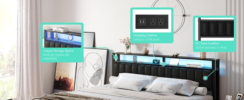 AMERLIFE Platform Bed Frame with LED Light, PU Headboard, Charging Station and 2-Tier Storage Space,Best Gift Ideas/Christmas Gifts AMERLIFE Platform Bed Frame with LED Light, PU Headboard, Charging Station and 2-Tier Storage Space,Best Gift Ideas/Christmas Gifts