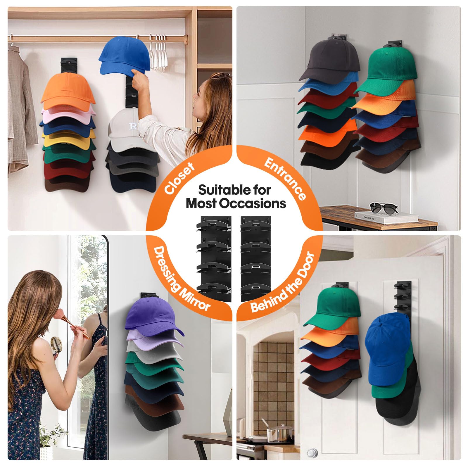 2-Pack Baseball Cap Organizer, Strong Adhesive Hat Rack, Wall-Mounted Hooks Hold 16 Hats, Adjustable Smooth Hanger for Closet Door & Bedroom, Space-Saving Home Storage Decor