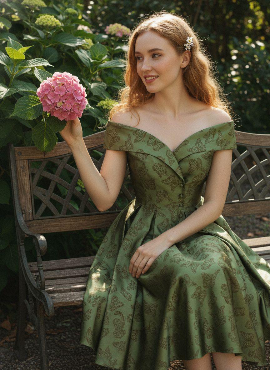 Green 1950s Off-Shoulder Vintage Dress Formal Womenswear Sleeveless Floral Valentine's Day Summer Holiday Dress wedding guset with Back Concealed Zipper Knee Length