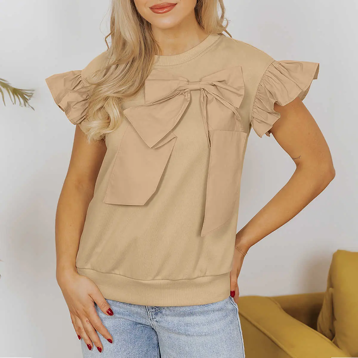 Parchment Two Tones Ribbon Bow Ruffle Sleeve Top