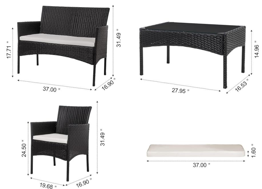 Walsunny 4-Piece Patio Furniture Set, Outdoor Wicker Patio Set with Cushions and Wooden Table for Lawn Backyard, White Rustic Dining Compact