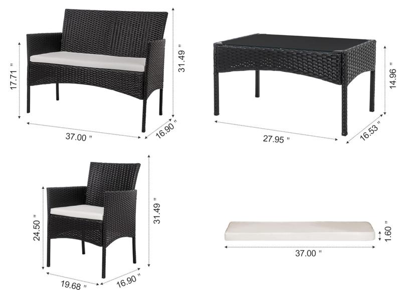 Walsunny 4-Piece Patio Furniture Set, Outdoor Wicker Patio Set with Cushions and Wooden Table for Lawn Backyard, White Rustic Dining Compact