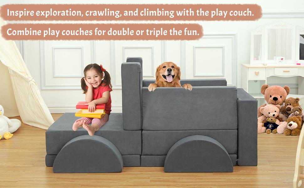 【GARVEE】Creative Modular Toddler Sofa Set: 8-Piece Grey Couch for Bedroom and Playroom with Over 8 Configurations for Versatile Seating and Play
