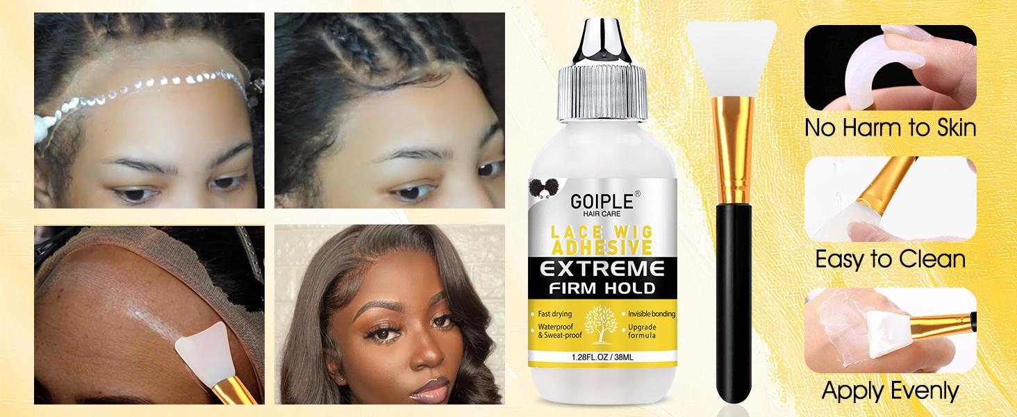 Extreme Firm Hold Lace Wig Glue with Silicone Applicator Waterproof & Sweatproof Invisible Bonding Formula for Lace Front Wigs Hair Extensions Tape