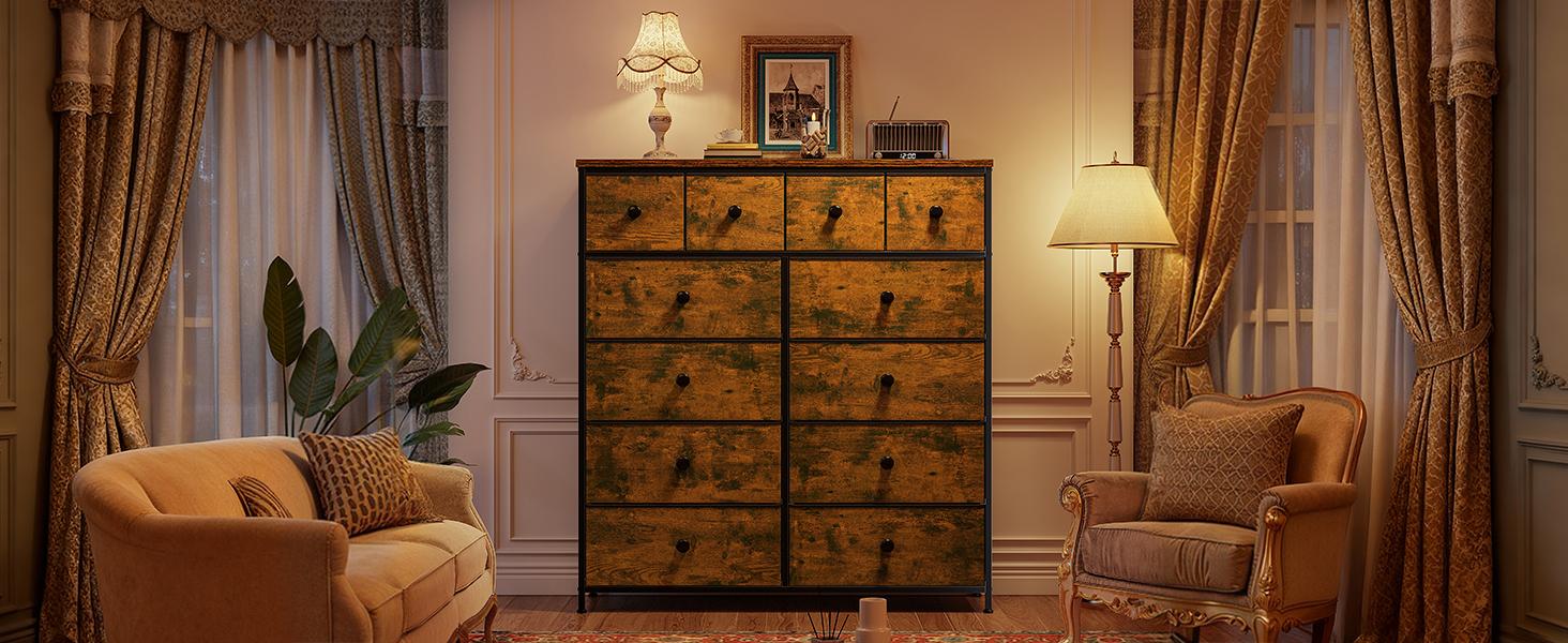 [New Size Available&]Raybee Furniture Tall Dresser with 12 Drawers, Modern Compact Fabric Dressers & Chests of Drawers, Steel Frame & Wood Top for Bedroom, Stylish Clothes Storage Organizer for Living Room, Bedroom, Hallway, Closets, Assembly Required