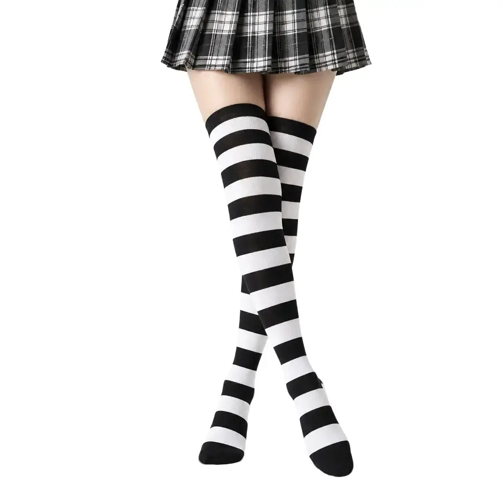 JointlyCreating Women Black & Gray Horizontal Stripe Over The Knee Socks Stretchy Long Thigh High Socks For Daily Outfit Party