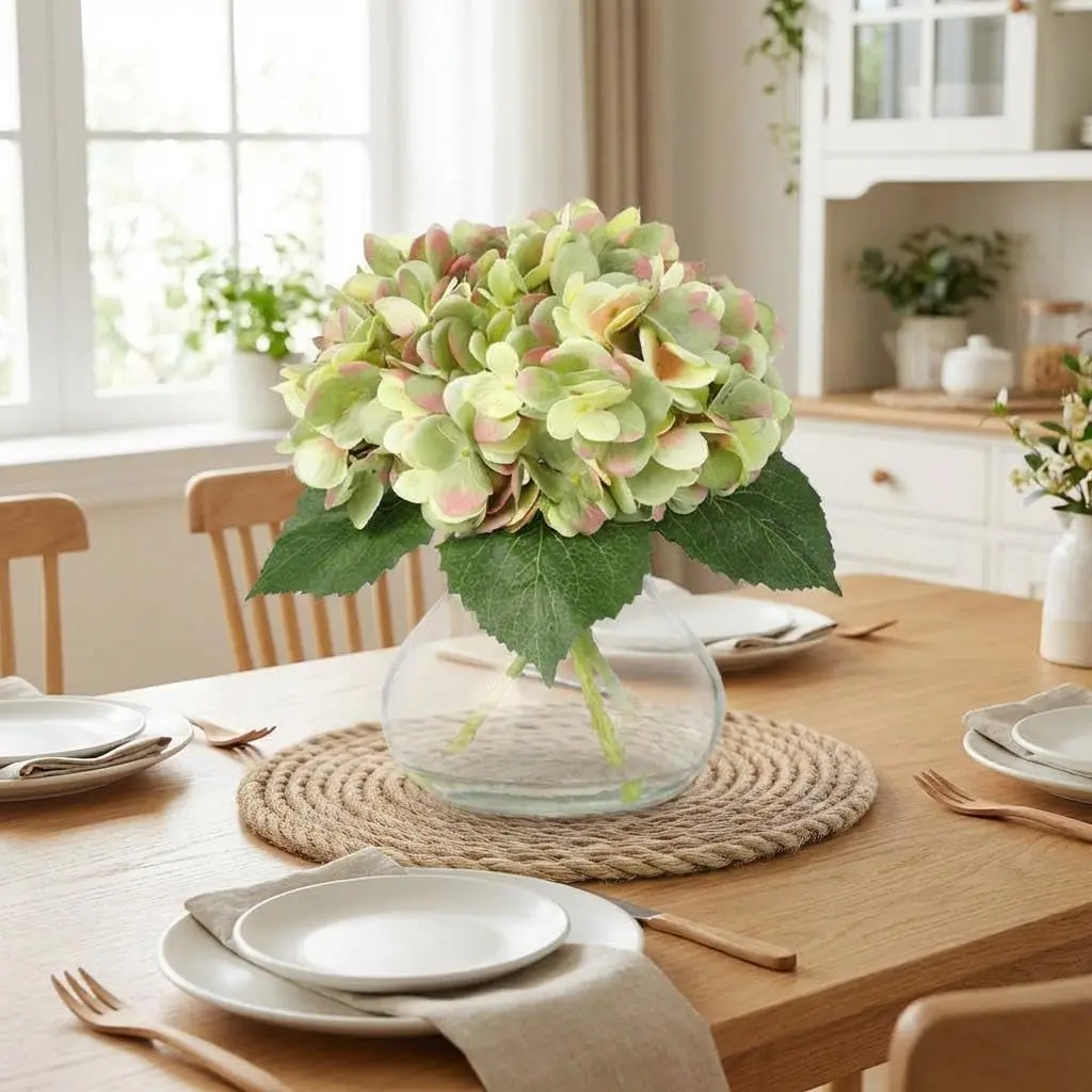 Gaomon Naturalistic Silk Green & White Hydrangea Artificial Flower Arrangement with Vase & Fake Water, Compact Durable Tabletop Indoor Decorative Floral Centerpiece for Coffee Table Home Decor