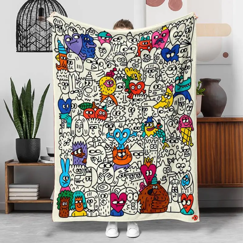 1 PC cartoon graffiti design fleece blanket, with a modern style, suitable for all seasons. It is suitable for blankets used on beds, sofas, offices, camping, indoors and outdoors. This multi-functional and lightweight fleece blanket can be machine washed