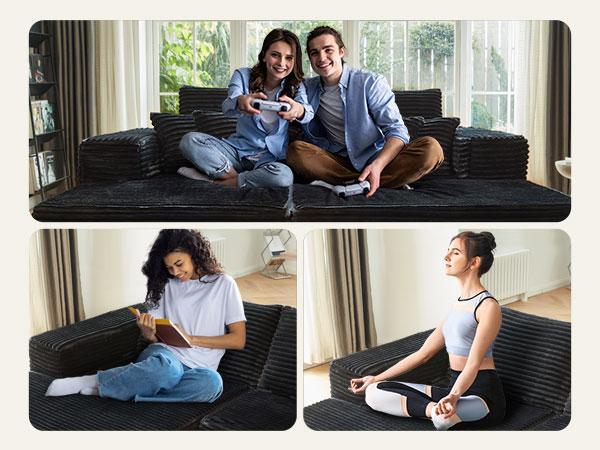 【2 Packages Shipping】Ovios 75" Oversized Sectional Double Lounge Chaise with Cloud Plush Sofa Bed,  Boneless Couch No Assembly Required, Fluffy Modern Sleeper Loveseat Chair for Indoor Living Room Bedroom Movie