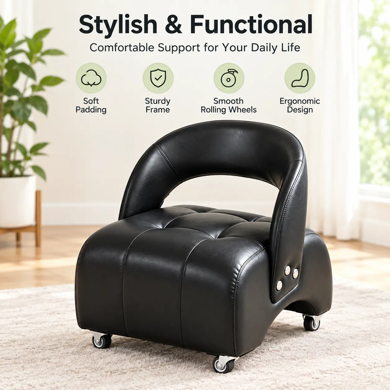 1 Count Roller Stool, Compact 360-Degree Swivel Seat with Soft Cushion, Multi-Functional for Garage, Home Office, Floor Cleaning and Exercise