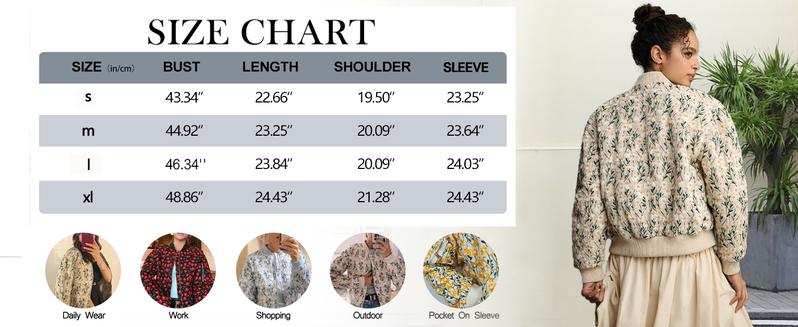 UANEO Women's Embroidered Daisy Cropped Bomber Jacket - Quilted Puffer Coat with Zipper Closure & Side Pockets - Casual Cotton Outerwear