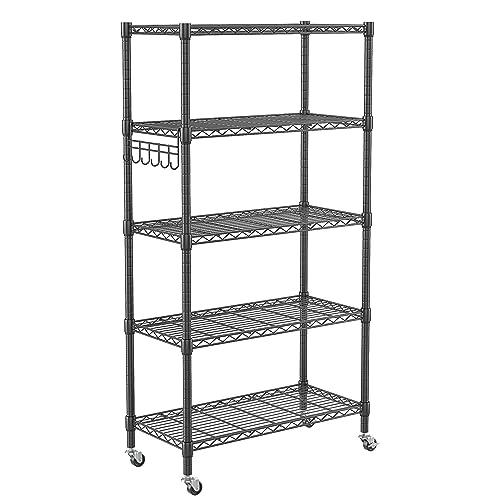 5-Tier Wire Shelving Unit on Wheels, Garage Storage Rack, Metal Shelves with Wheels, Rolling Shelving for Kitchen, Pantry, Move at Will, Super Load-bearing Capacity 900lbs Bookshelf Organizer Stand Black