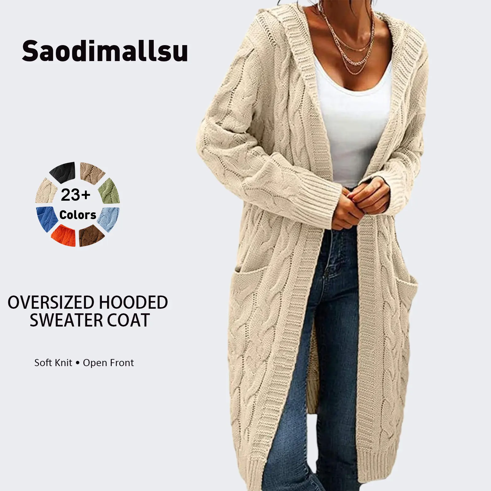Saodimallsu Women's Chunky Cable-Knit Hooded Cardigan Coat - H-Type, Open Front, Baggy Oversized, Acrylic, Long Chunky Knit Sleeves, Stretchy, Knitwear for Work & Casual Wear, All-Season Tops