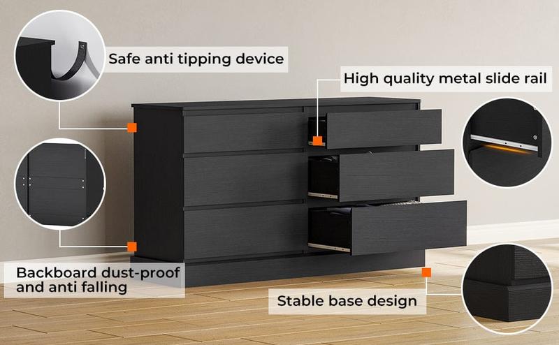 51.5 Inches Wide Dresser with 6 Drawers Black 51.5 Inches Wide Dresser with 6 Drawers Black
