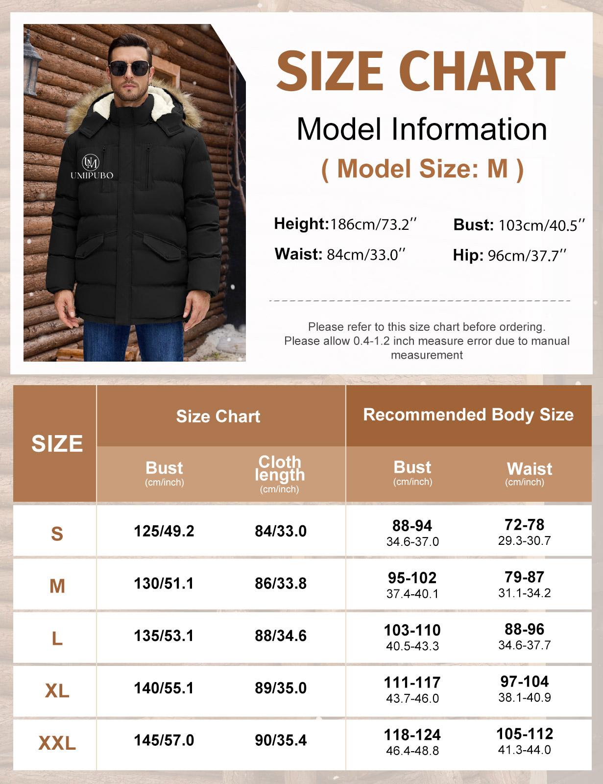 UMIPUBO Men's Winter Warm Jacket Long Puffy Thicken Padded Coat Fleece Windproof Parka Outerwear with Detachable Hood