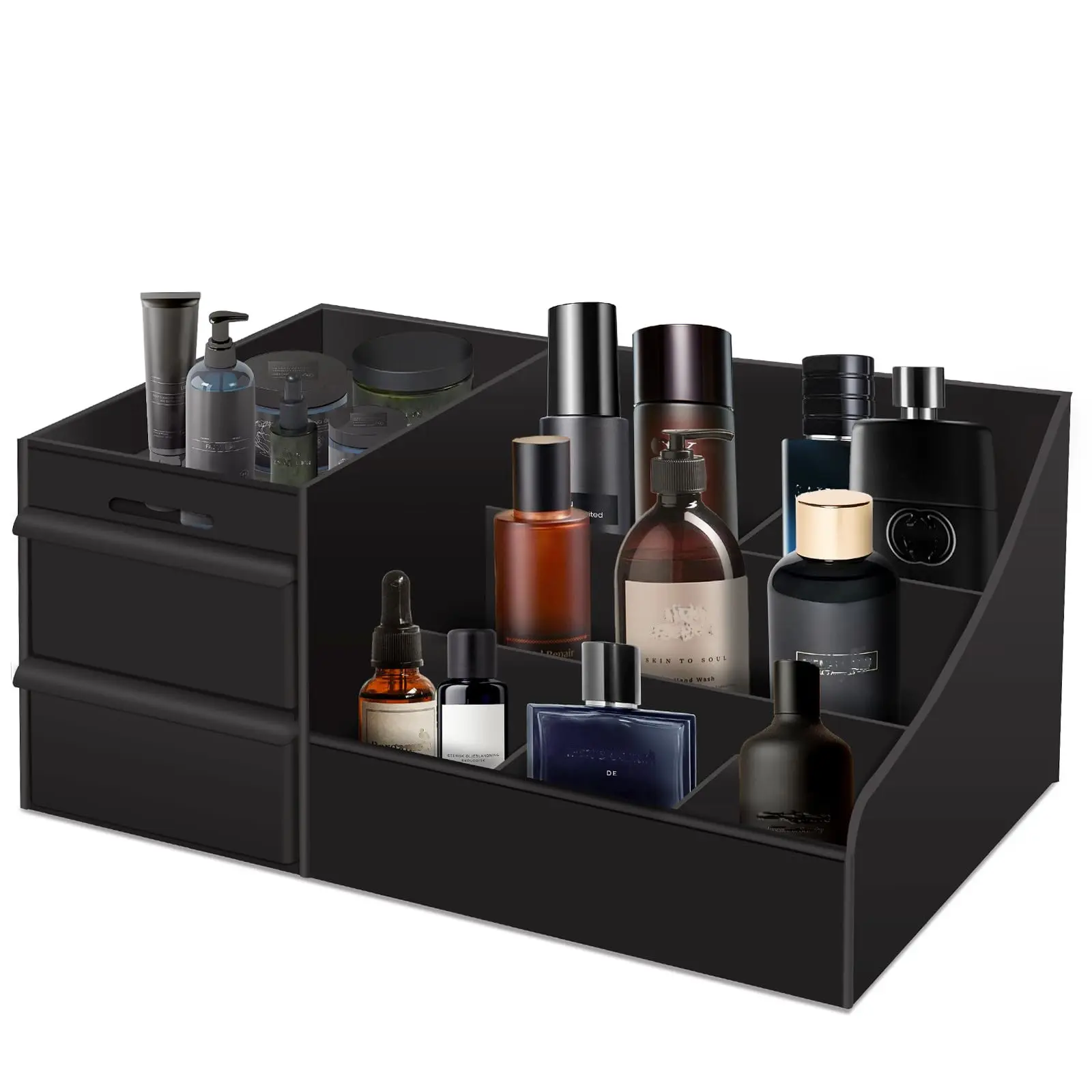 Luxury Black Plastic Men's Cologne Storage Box - 3-Layer Beauty Organizer with Compartments, Durable Waterproof Drawer Vanity Container, Space-Saving Men's Room Accessories, Boxed Cosmetic Organisers for Gifting to Boyfriend