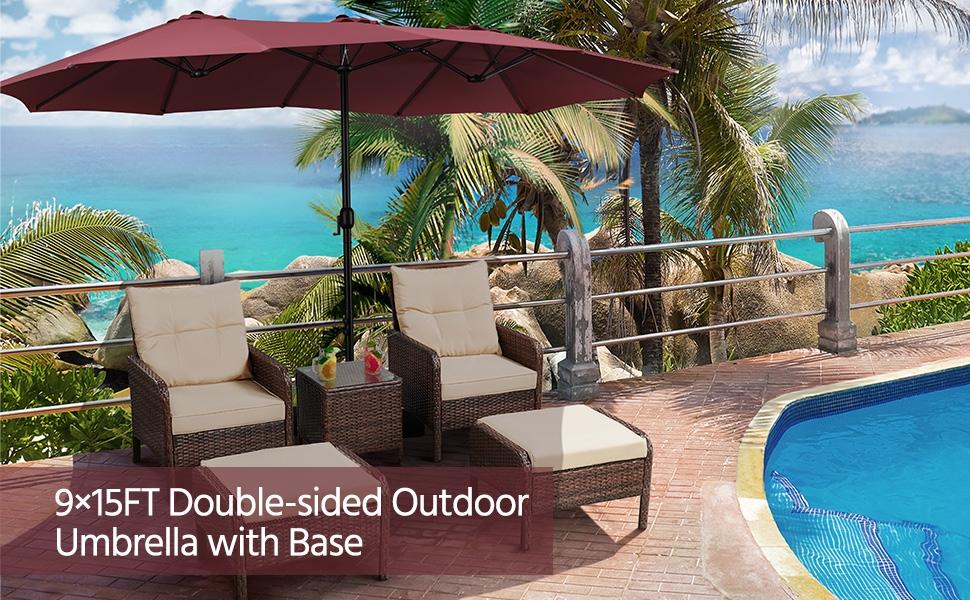 【Crazy Price】Yaheetech 15/13ft Heavy Duty Canopy Double Layer Cloth Patio Umbrella with 12 Ribs Hand Crank for Easy Opening 2 Sandbags Outdoor Design for Garden Pool and Lawn