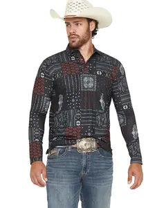 Men's Cowboy Hardware Southwestern Bandana Print Long Sleeve Snap Stretch Polo - 114002-010