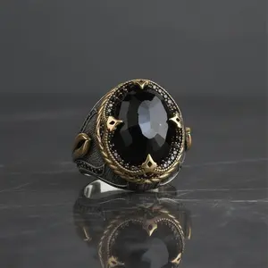 Men's 925 Sterling Silver Black Modern Motif Handmade Ring