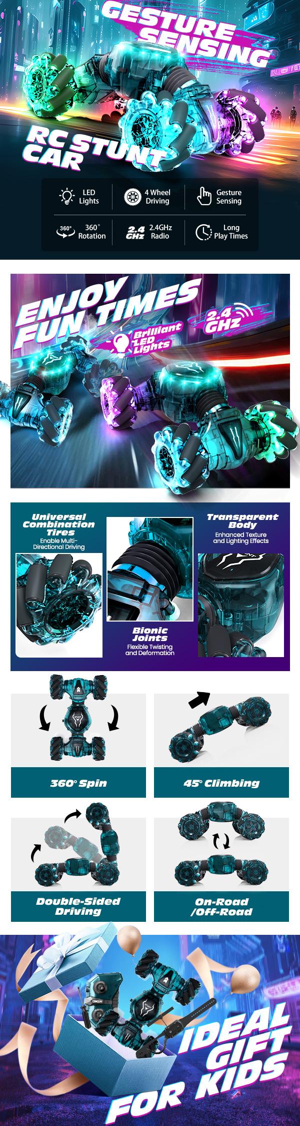 Tecnock 2 Controllers 2.4GHz Gesture Sensing Remote Control Stunt Car Toy with 360° Rotation, Light, and Regulator for Parent-Child Activities Tecnock 2 Controllers 2.4GHz Gesture Sensing Remote Control Stunt Car Toy with 360° Rotation, Light, and Regulator for Parent-Child Activities
