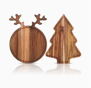 2-Piece Large size Wooden tray, Solid Wood Cutting Board Multifunctional Set Dim Sum Plate - Elk and Christmas Tree Design | For Holiday Gifts | Ideal Christmas Gifts for Relatives and Friends, Seasonal Entertainment,  Plate Kitchen   Chopping