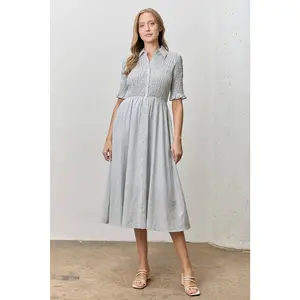 Gingham Smocked Bodice Button-Front Midi Dress: SAGE/IVORY