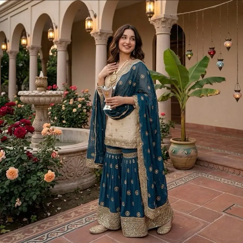 Elegant Indian and Pakistani Dress with Blue and Gold Embroidery for Special Occasions, various colors Long Sleeve Dress Up Costume Womenswear