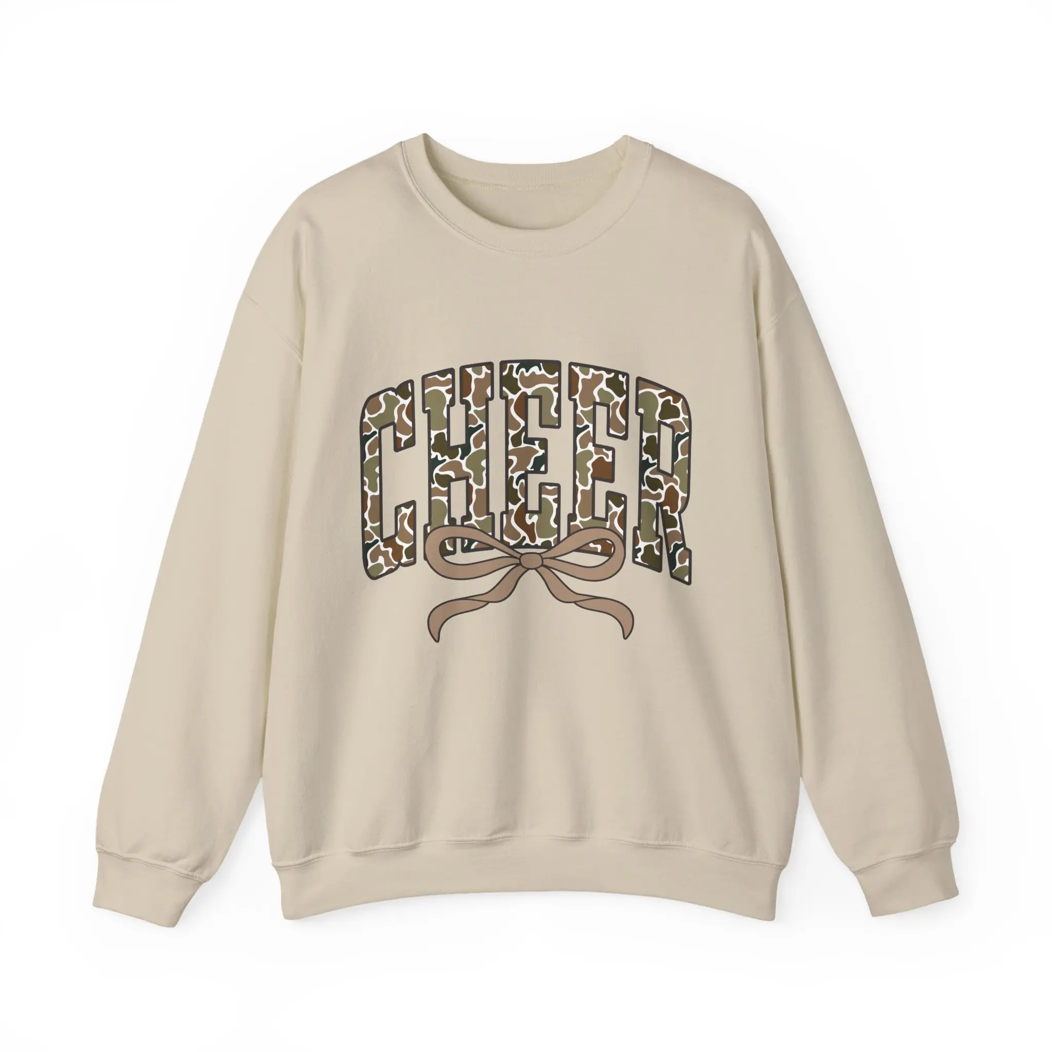 Camo CHEER lettering with bow Sweatshirt | cheerleader camo crewneck