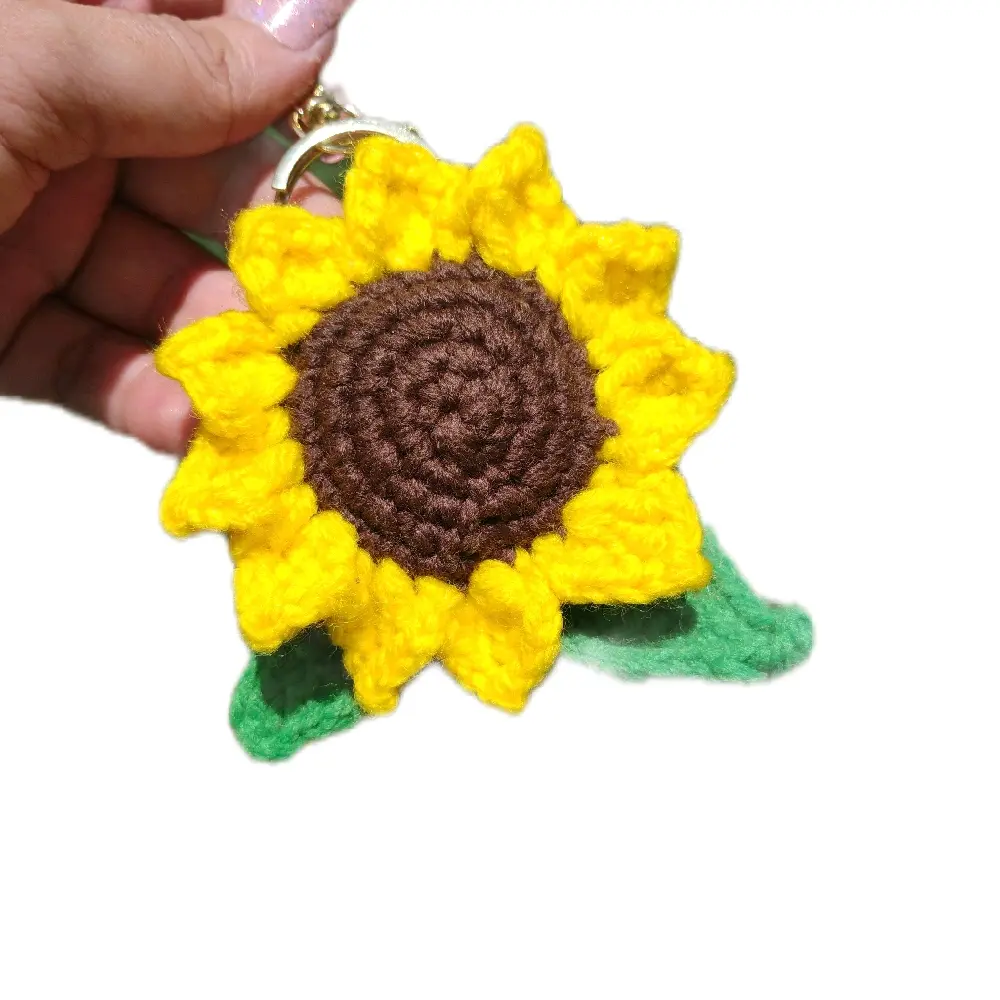 Sunflower Keychain - Yellow Crocheted Flower with Green Leaf Accent
