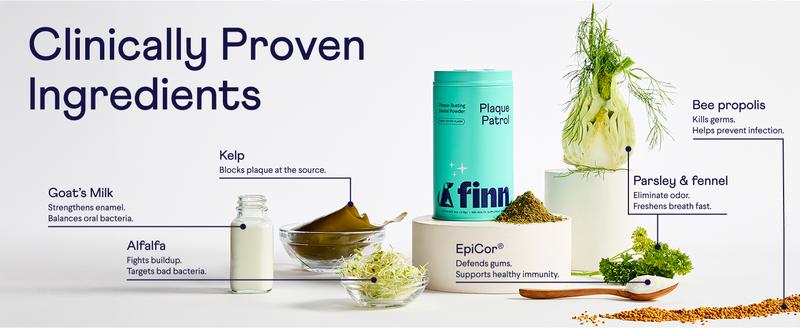 FINN Plaque Patrol Dental Powder For Dogs - 6oz Peanut Butter Flavor - Vet-Formulated with Kelp & EpiCor - Reduces Tartar & Prevents Plaque - Freshens Breath - Made in USA