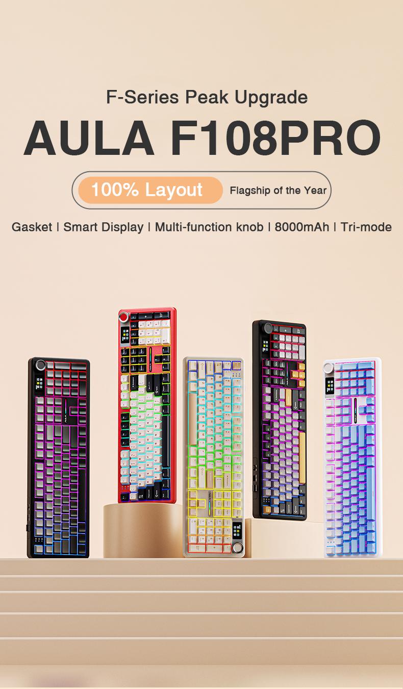 [NEW]AULA F108 Pro Full Size Wireless Mechanical Gaming Keyboard with Knob Smart Screen Num Pad Pink Tri-Mode RGB Backlit Hot Swappable Customize E-Sports Office Computer Accessories TikTokShopfalldealsforyou