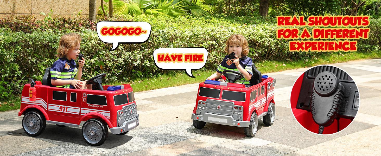 12V Fire Truck Police Car, Electric Ride on Car for Kids with Remote Control Battery Powered Toddler Car Siren-Call,walkie-talkies, Flashing Lights,Bluetooth,Music Ages 36+ Months