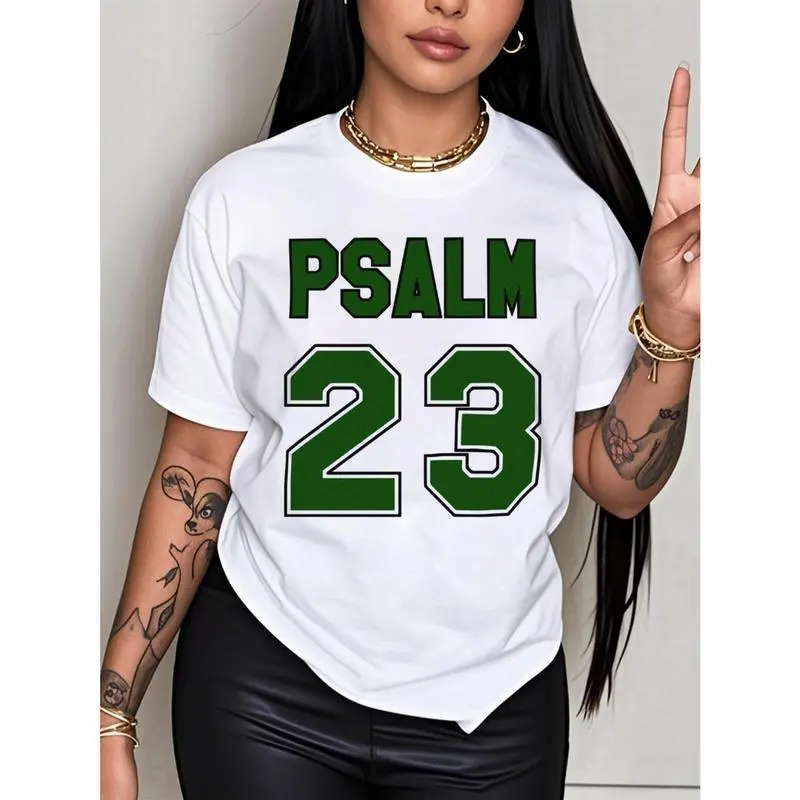 Women's Psalm 23 Printed Cotton T-Shirt Casual Short Sleeve Crew Neck Shirt with Bold Green Lettering Y2k Vintage Graphic Tees Christian Women Tops for Daily Wear Hot Topic Tee Loose